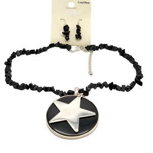 NWT Jewelry Ludia 16" Black Stone Beads Silver Tone Star Necklace Earrings Set